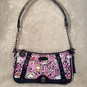 Ed Hardy Pink & Black Studded Leopard Shoulder Bag With Skulls NWT